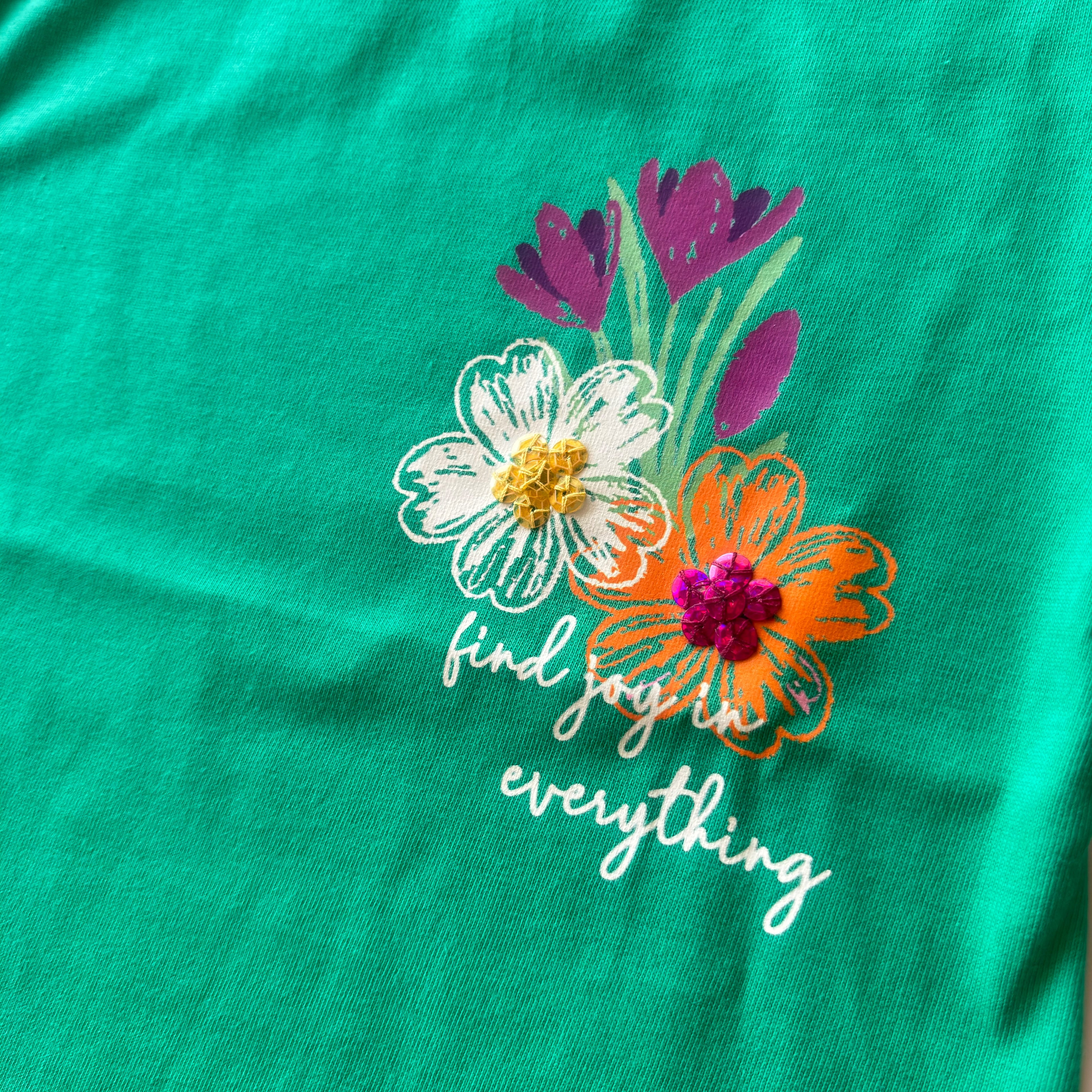 Green Sequined Flowers Fringed T-Shirt