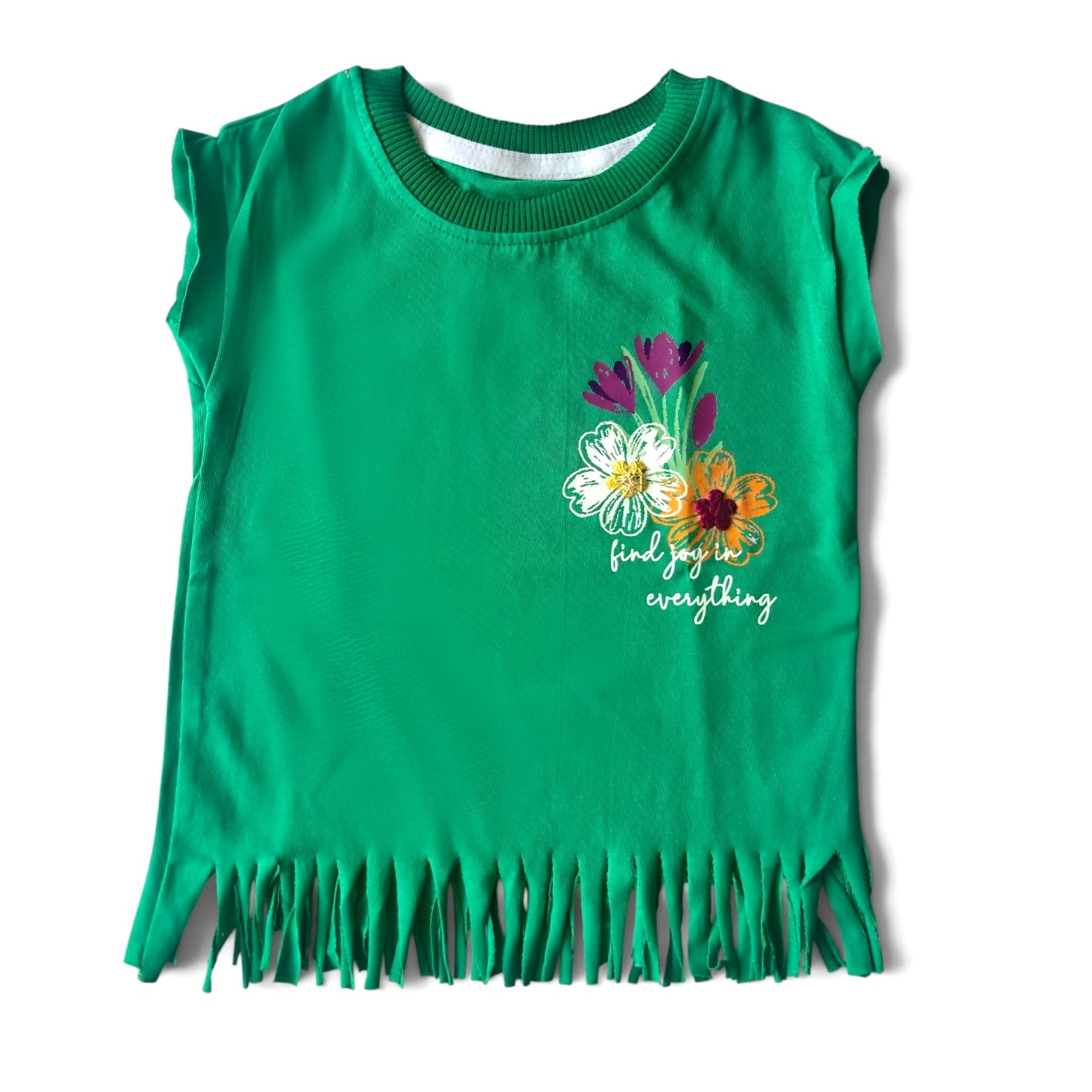 Green Sequined Flowers Fringed T-Shirt