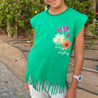 Green Sequined Flowers Fringed T-Shirt