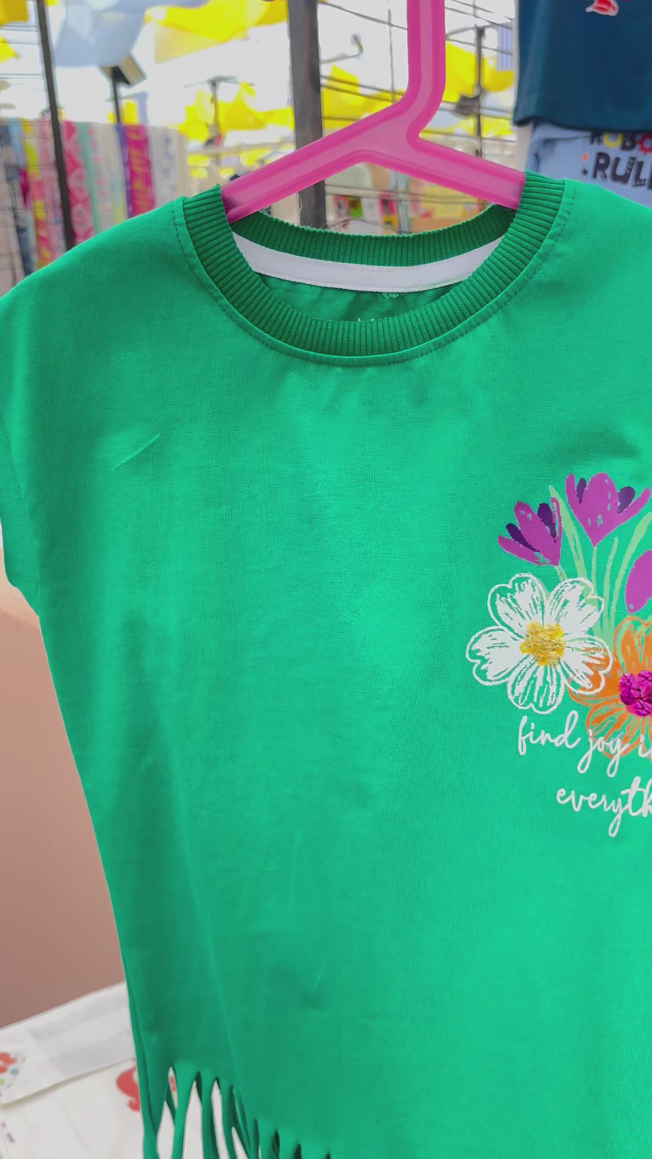 Green Sequined Flowers Fringed T-Shirt